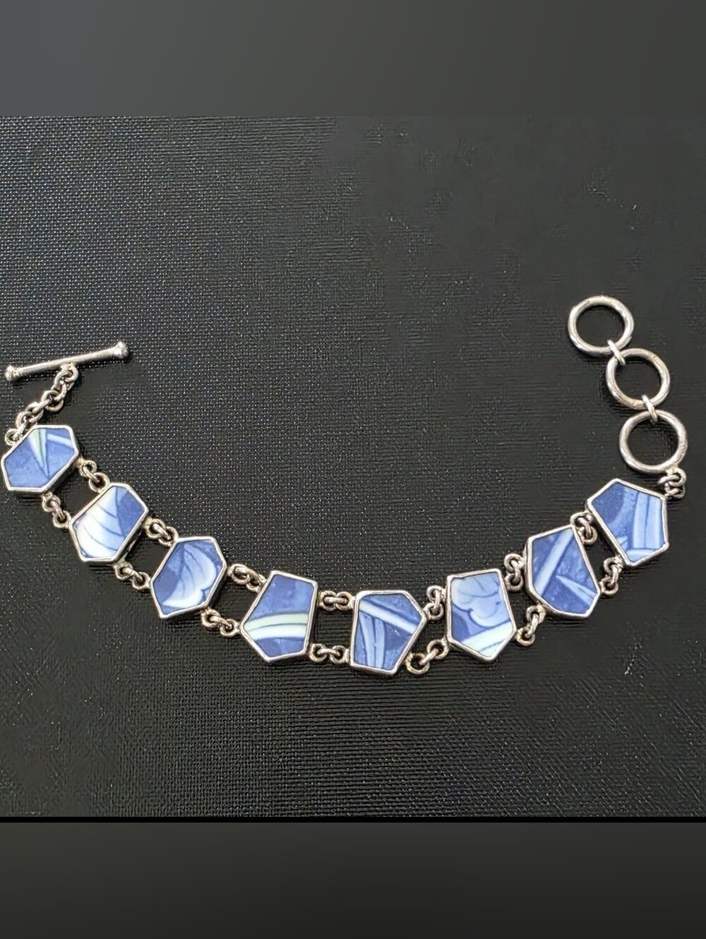 VTG Sterling Silver 925 Signed TS Blue White Porcelain Panel Bracelet
